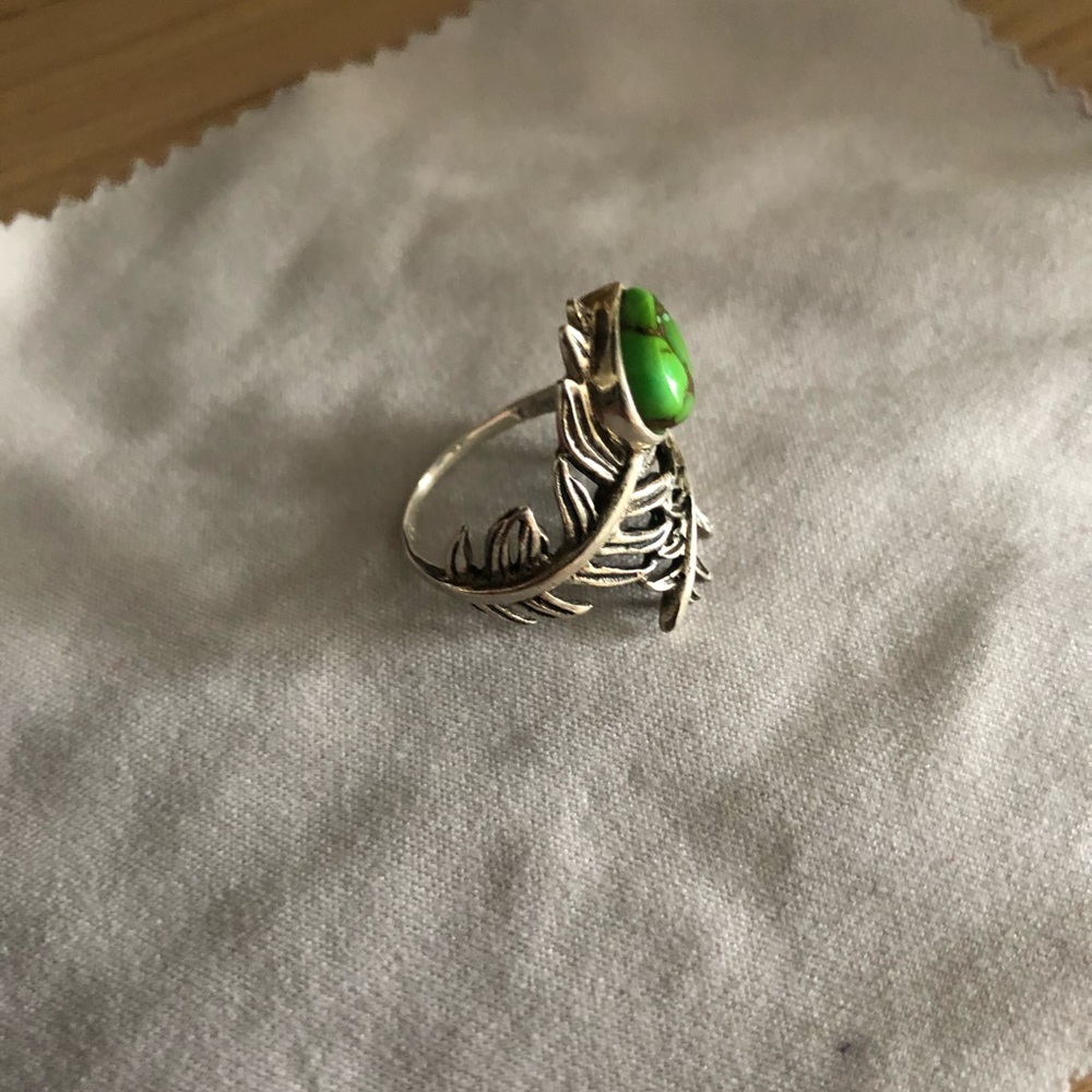 Green Turquoise Silver Leaf Ring - image 1
